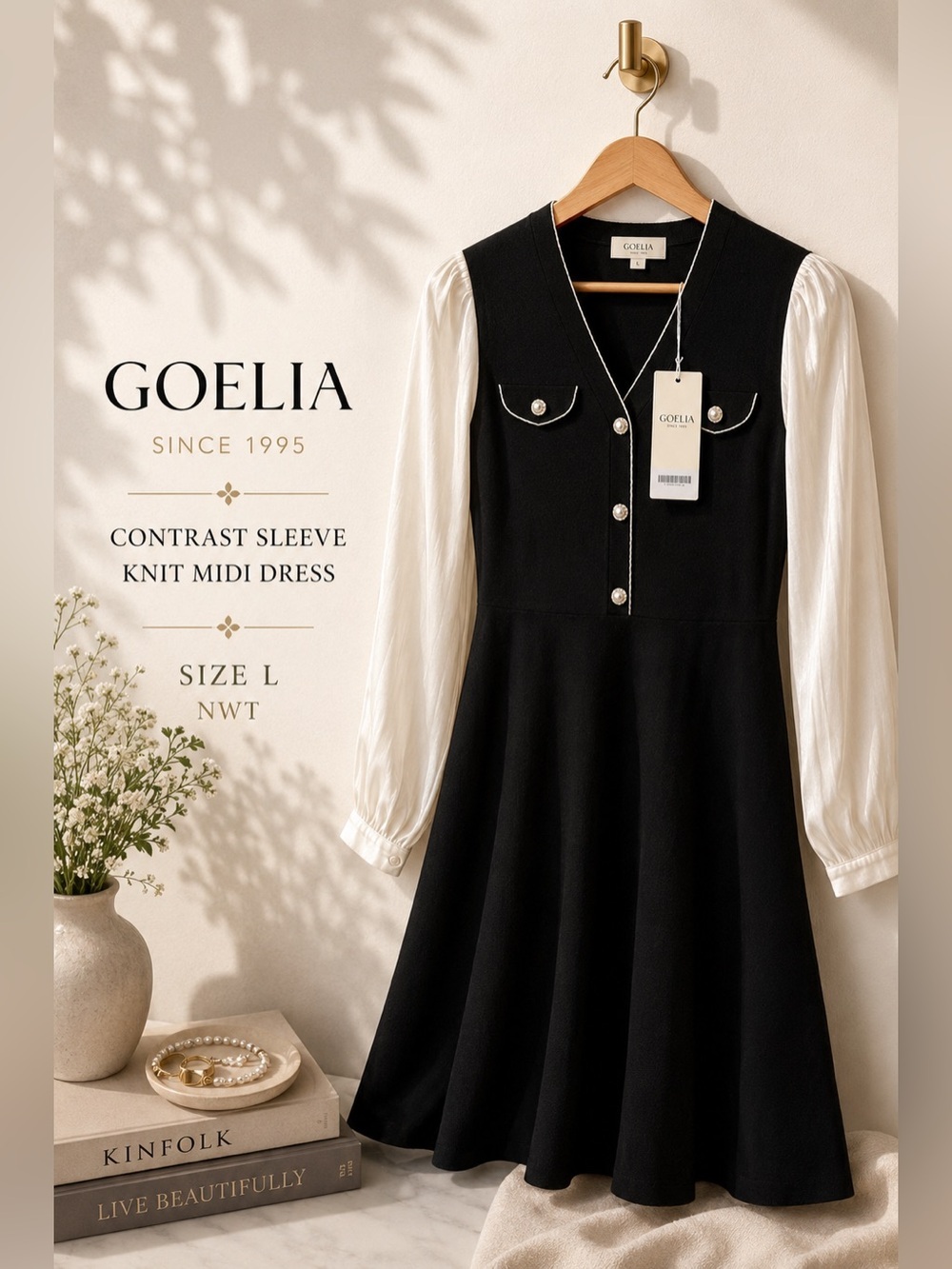 GOELIA Contrast Sleeve Knit Midi Dress Size L NWT
